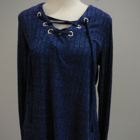 Chenault Ribbed Blue Lightweight Long Sleeve Pullover Blouse Tie Front-Small - Picture 1 of 4